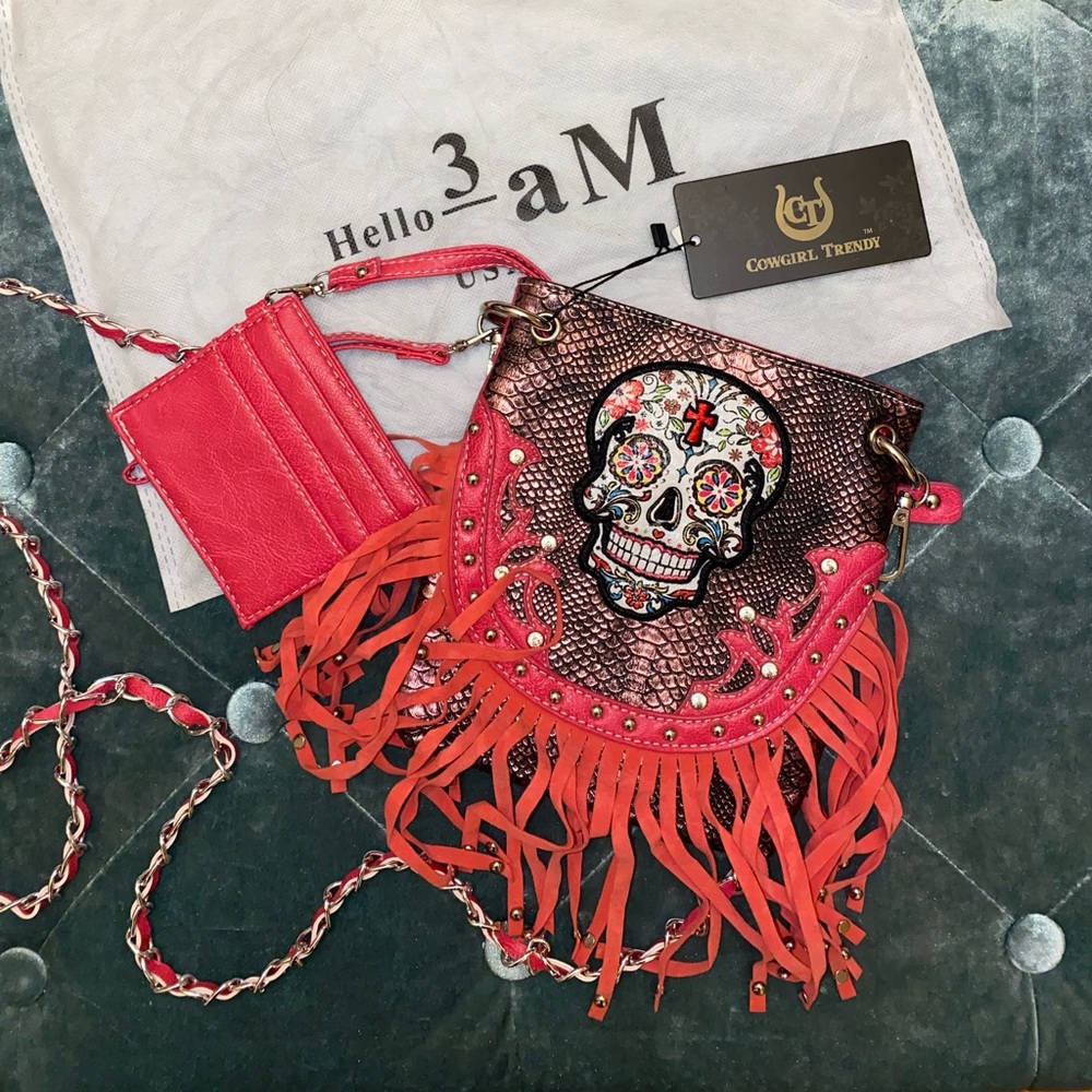 Sugar skull sling crossbody fringe purse